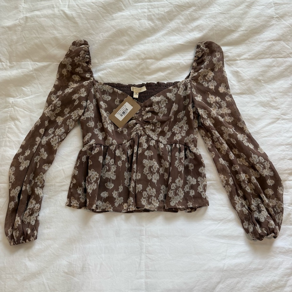 Floral Square-Neck Peplum Top - Brown